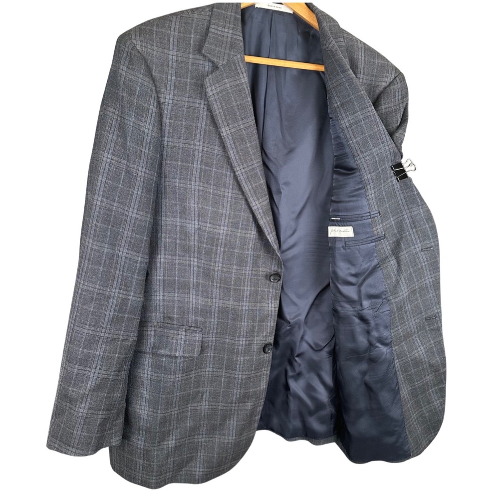 John W. Nordstrom Mens 44L Blazer Sport Coat Grey Blue Plaid Silk Wool Blend